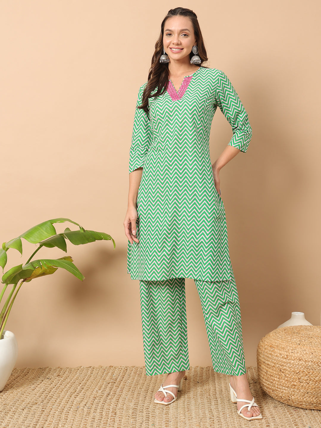FIORRA Women's Sea Green Cotton Straight Kurta Set