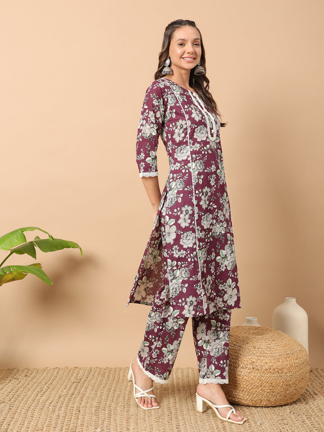 FIORRA Women's Wine Cotton Straight Kurta Set