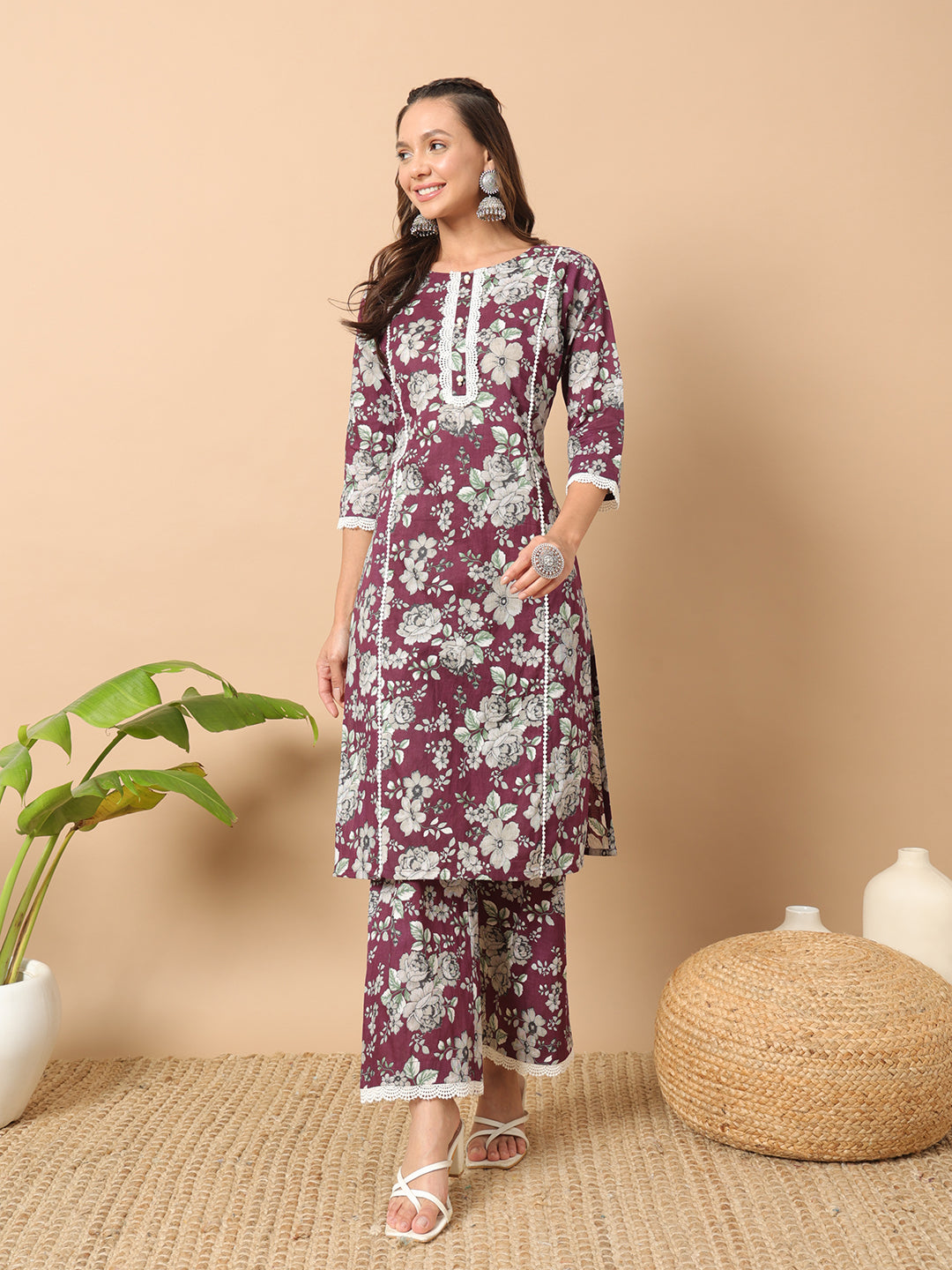 FIORRA Women's Wine Cotton Straight Kurta Set