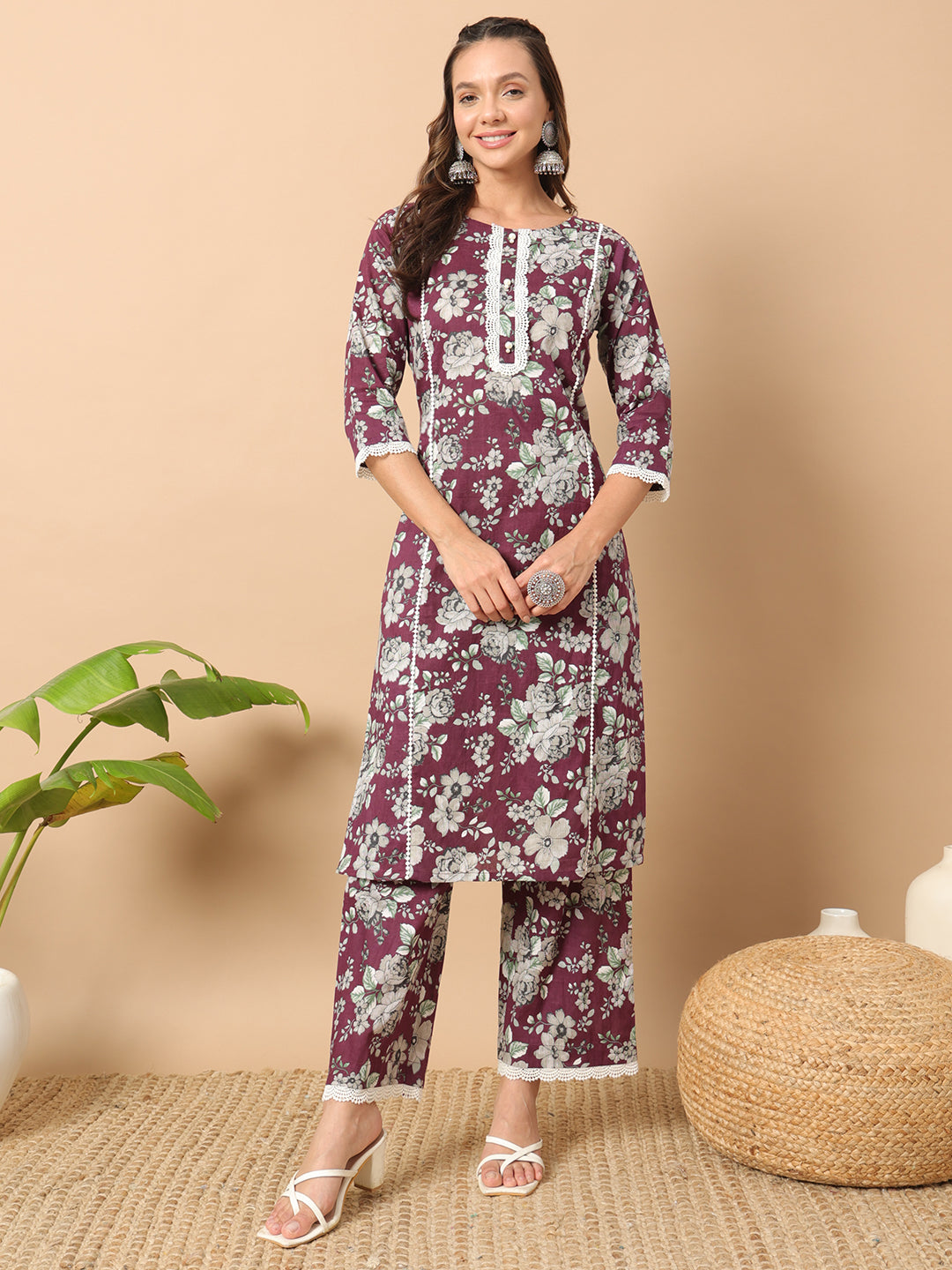 FIORRA Women's Wine Cotton Straight Kurta Set