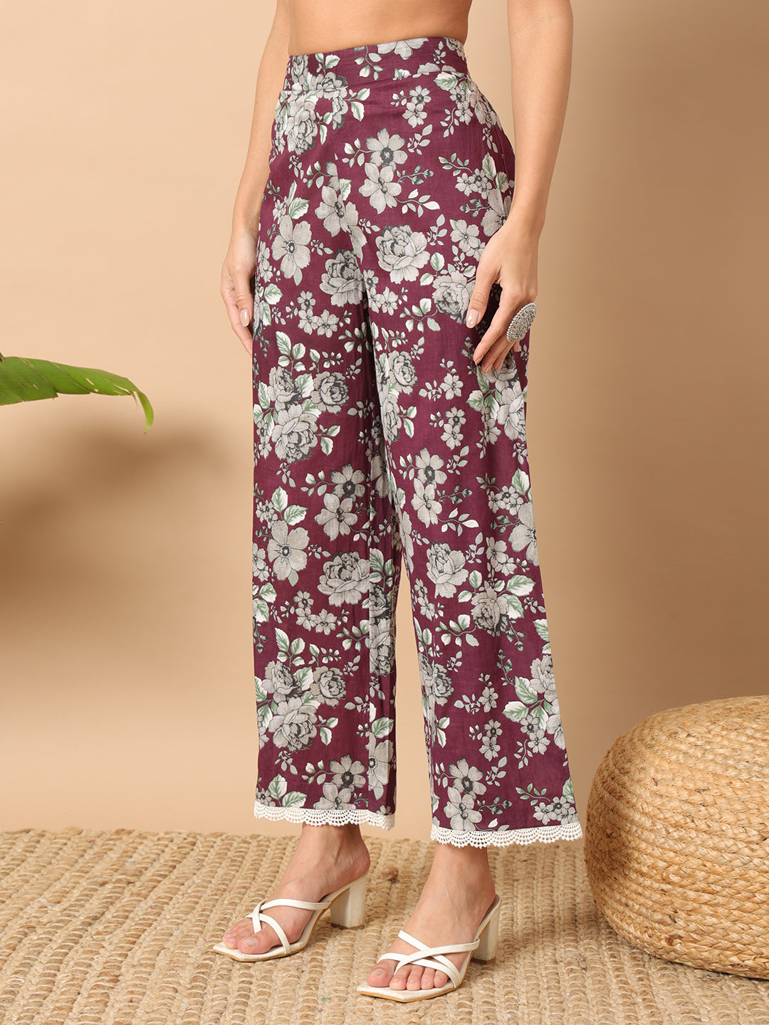 FIORRA Women's Wine Cotton Straight Kurta Set