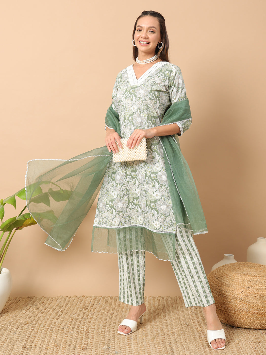 FIORRA Women's Light Green Cotton Straight Kurta and Pant With Dupatta