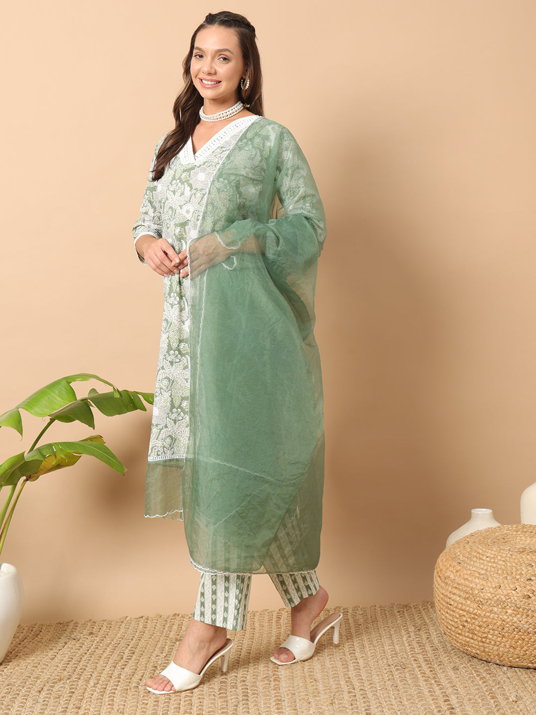 FIORRA Women's Light Green Cotton Straight Kurta and Pant With Dupatta