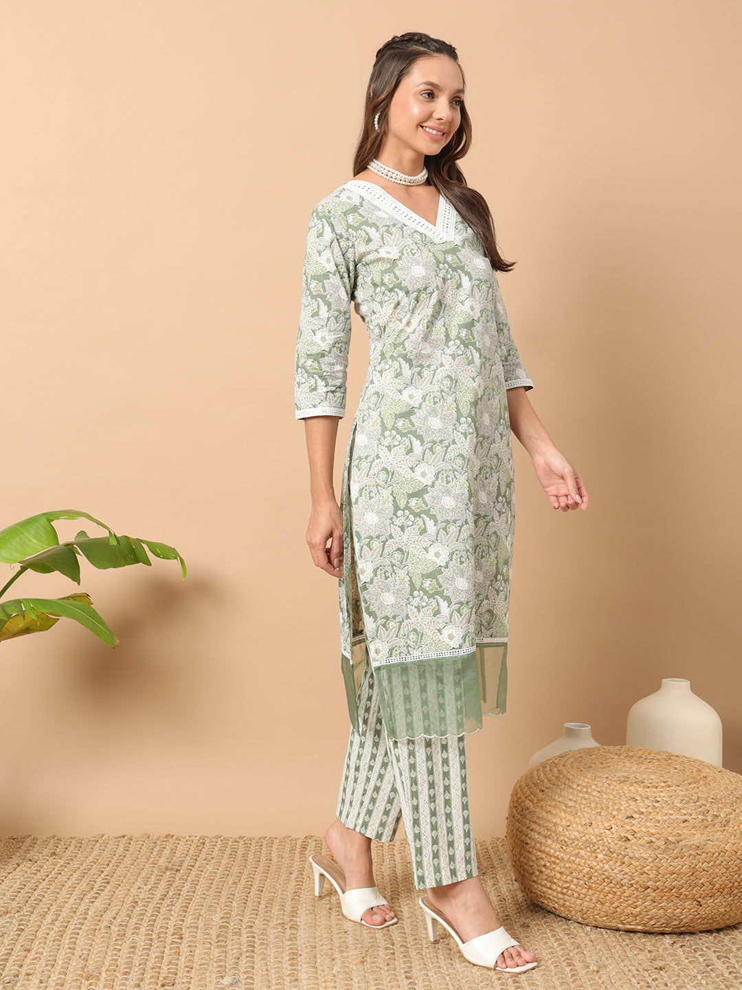 FIORRA Women's Light Green Cotton Straight Kurta and Pant With Dupatta
