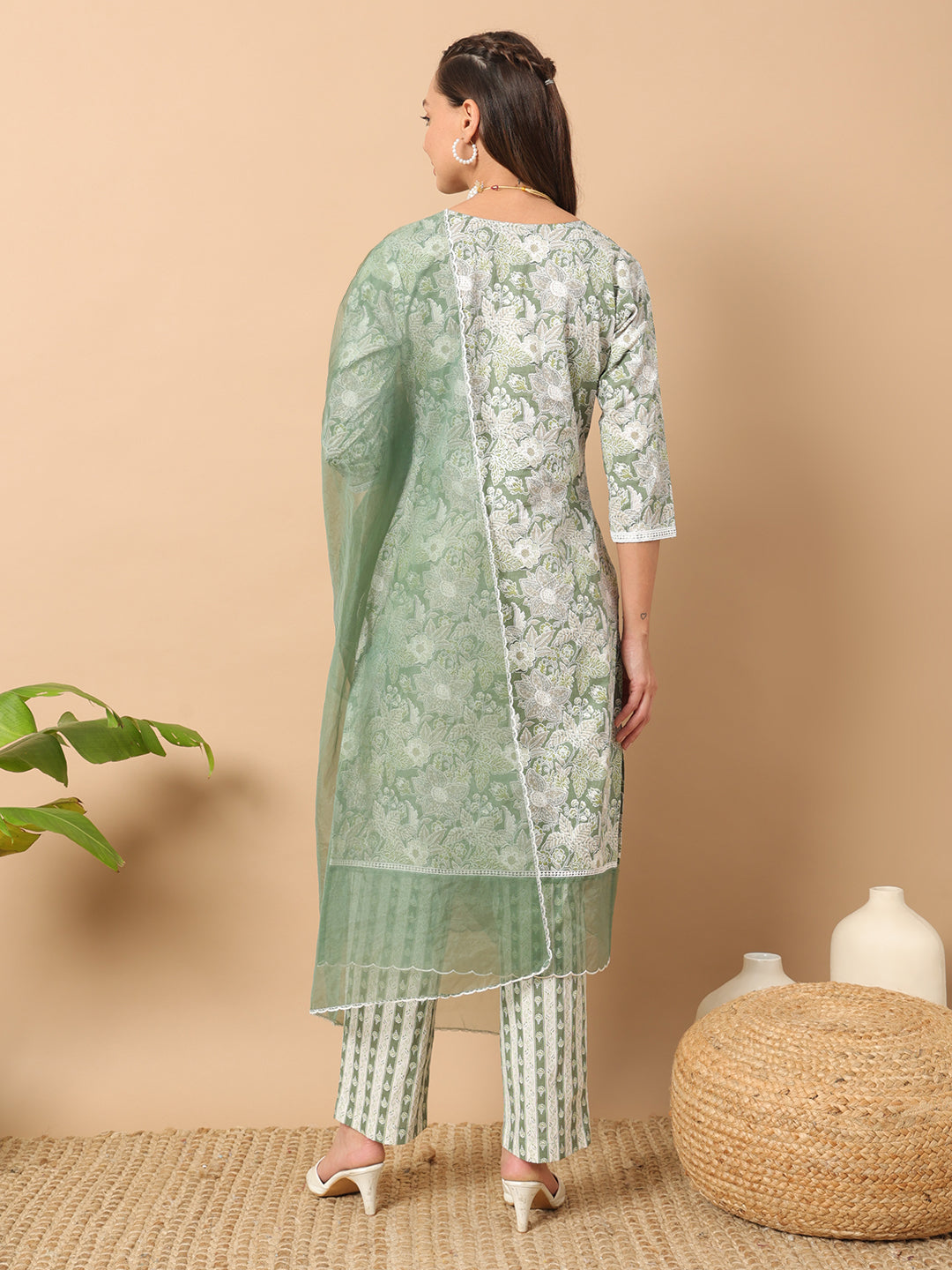 FIORRA Women's Light Green Cotton Straight Kurta and Pant With Dupatta