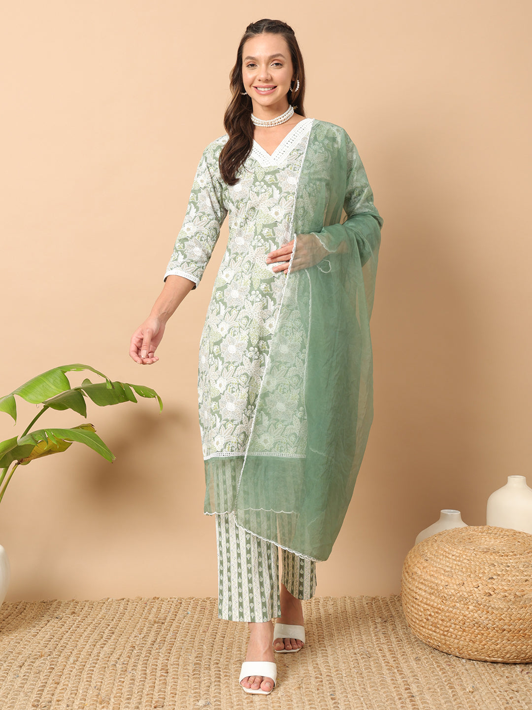 FIORRA Women's Light Green Cotton Straight Kurta and Pant With Dupatta