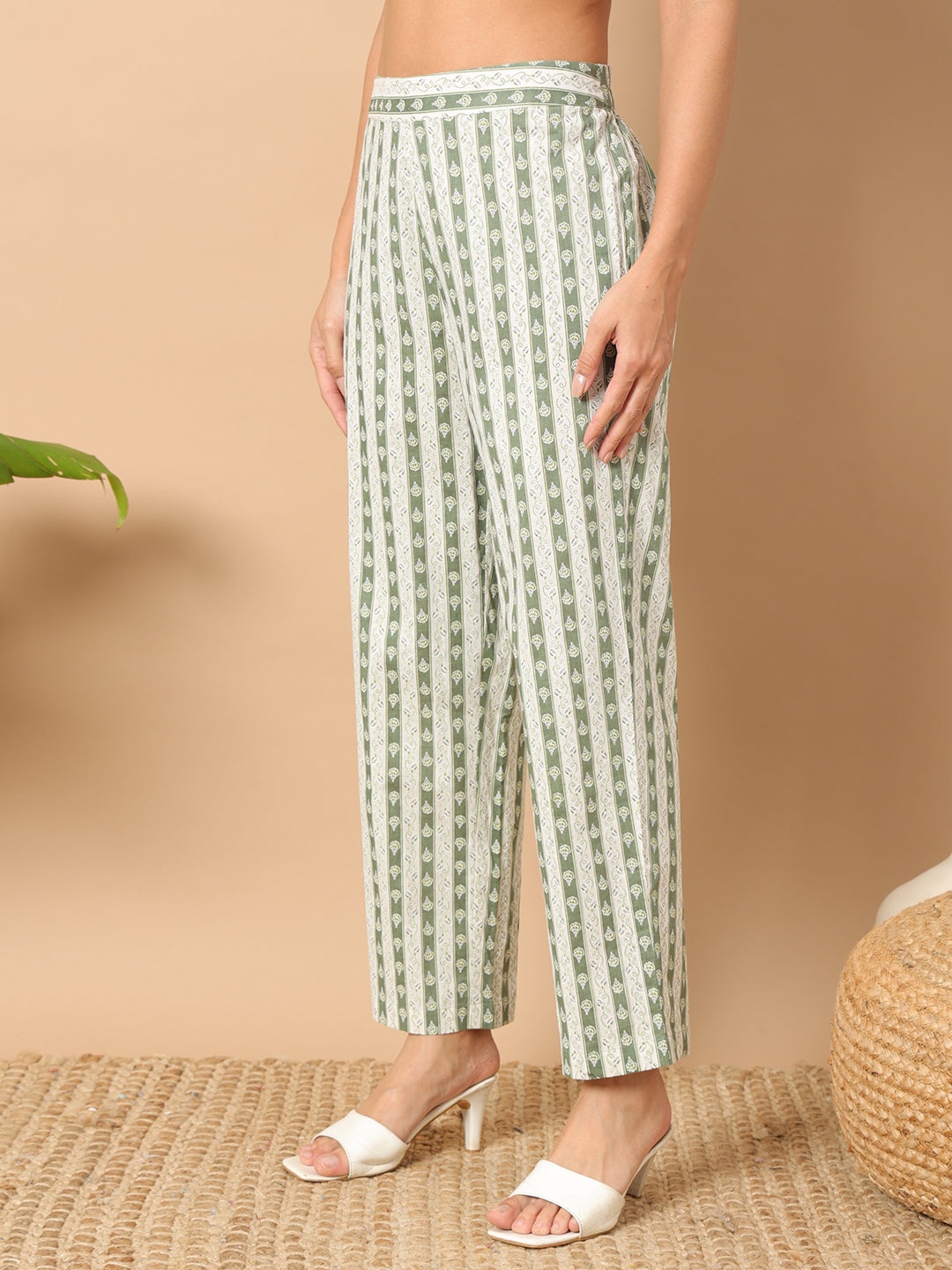 FIORRA Women's Light Green Cotton Straight Kurta and Pant With Dupatta