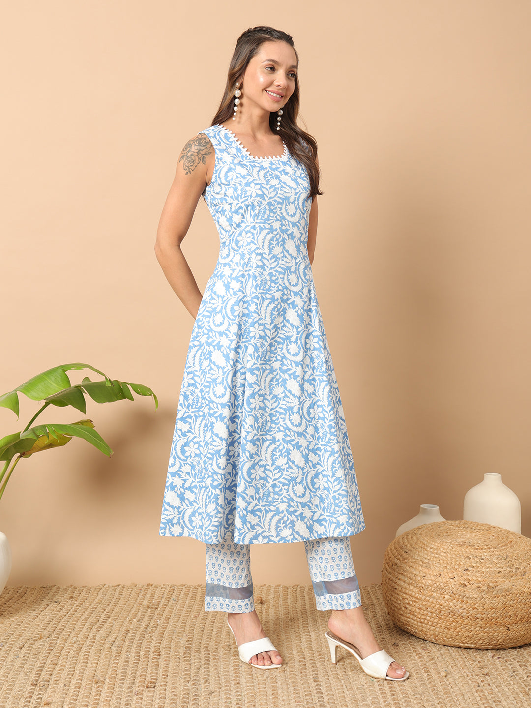 FIORRA Women's Sky Blue Cotton A-line Kurta and Pant With Dupatta