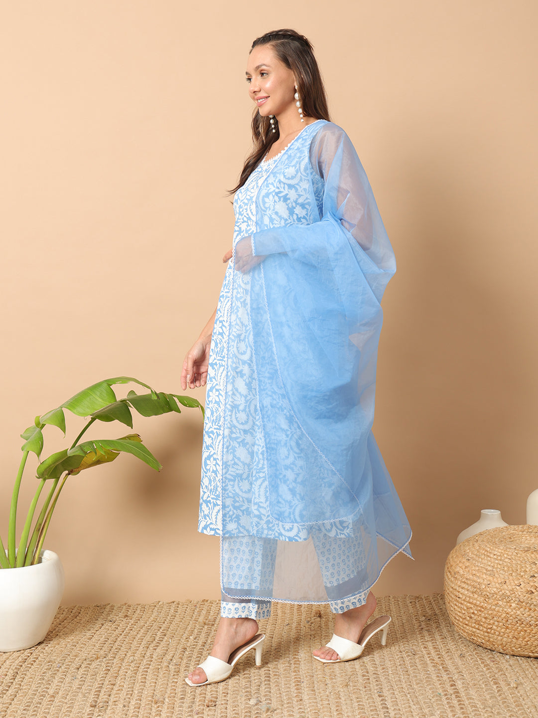 FIORRA Women's Sky Blue Cotton A-line Kurta and Pant With Dupatta
