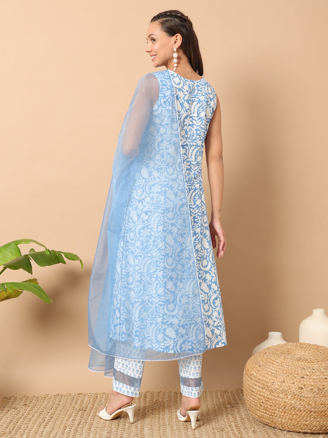 FIORRA Women's Sky Blue Cotton A-line Kurta and Pant With Dupatta