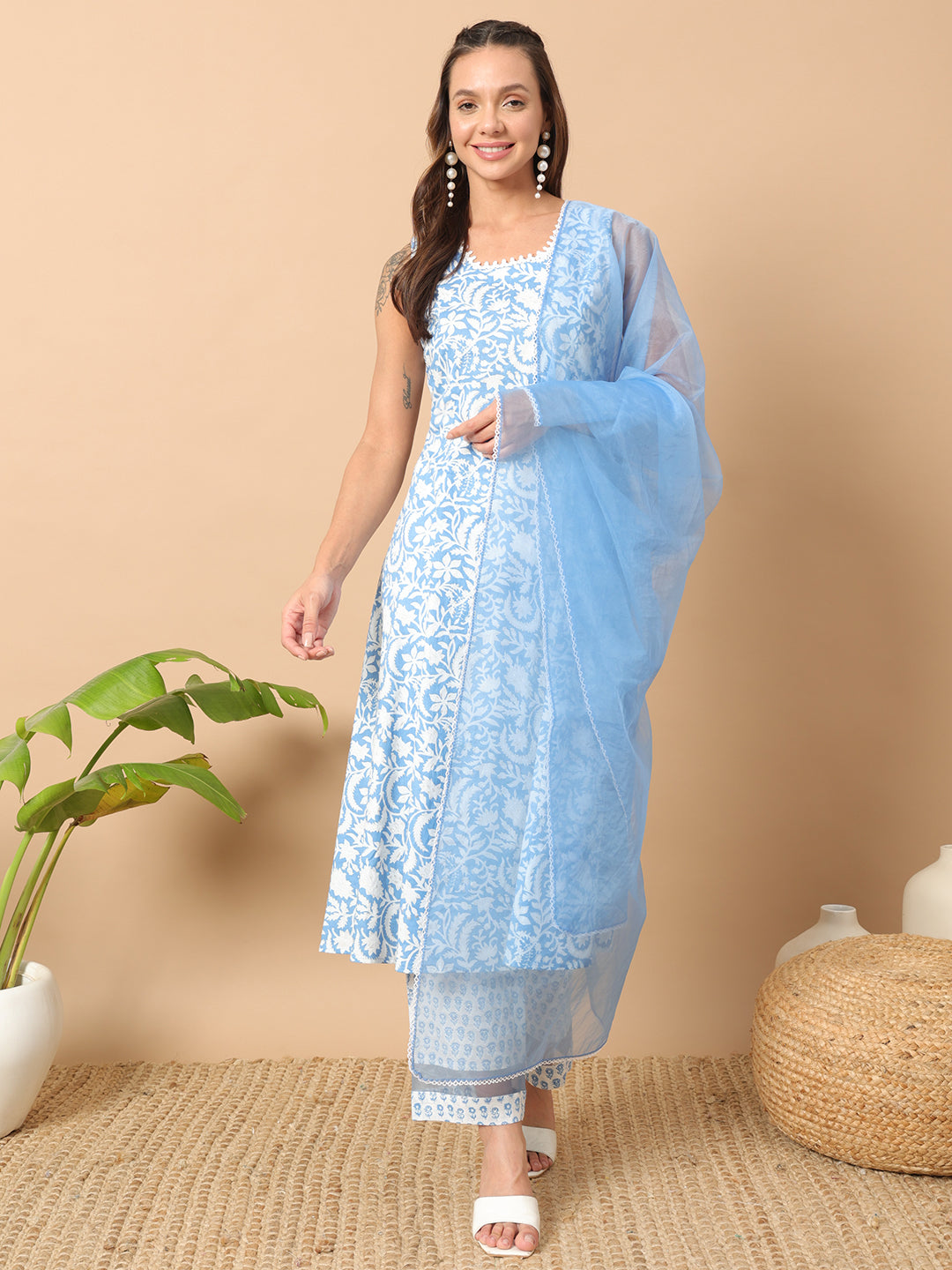 FIORRA Women's Sky Blue Cotton A-line Kurta and Pant With Dupatta