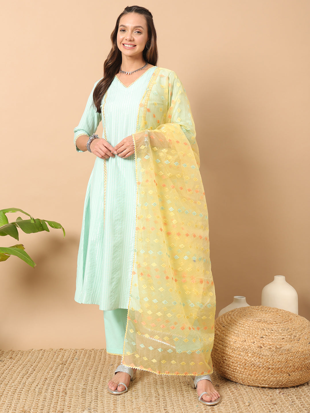 FIORRA Women's Sea Green Lurex Cotton A-Line Kurta and Pant With Dupatta