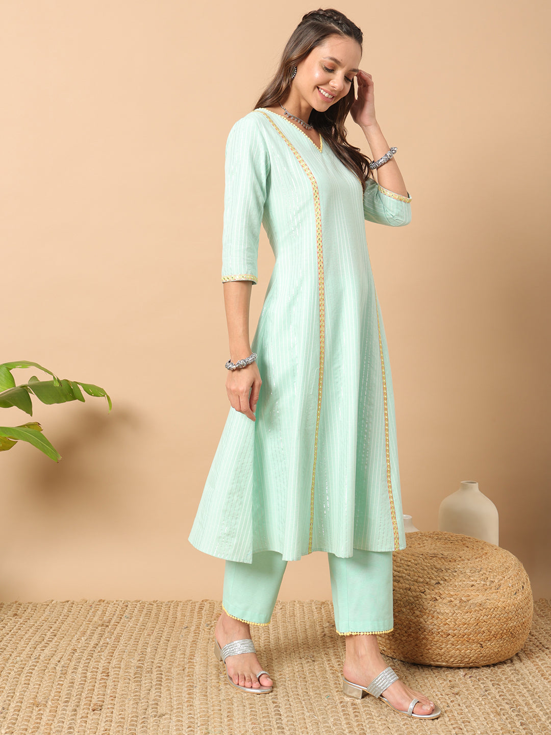 FIORRA Women's Sea Green Lurex Cotton A-Line Kurta and Pant With Dupatta