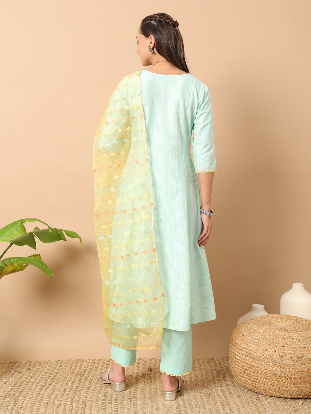 FIORRA Women's Sea Green Lurex Cotton A-Line Kurta and Pant With Dupatta