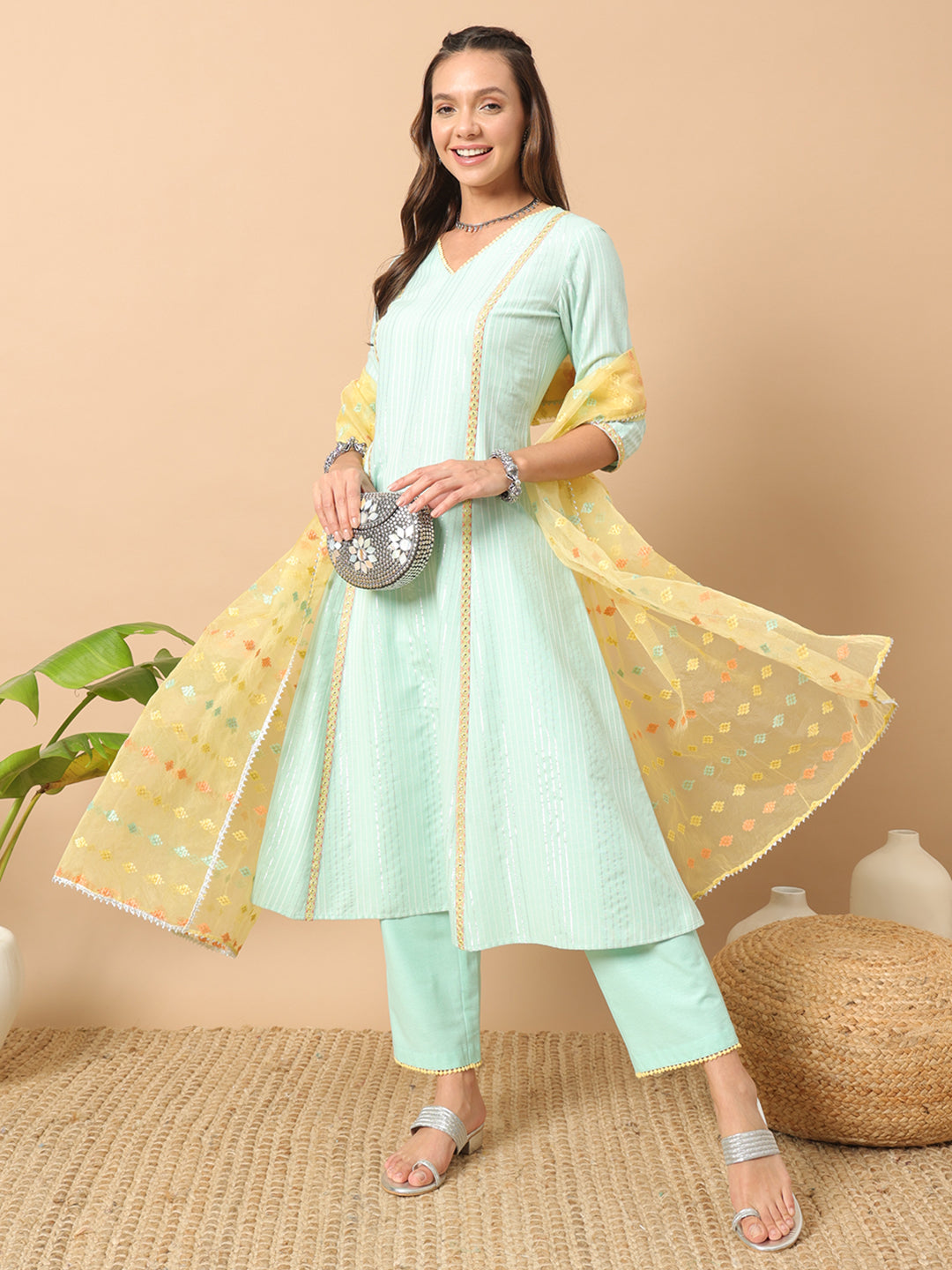 FIORRA Women's Sea Green Lurex Cotton A-Line Kurta and Pant With Dupatta