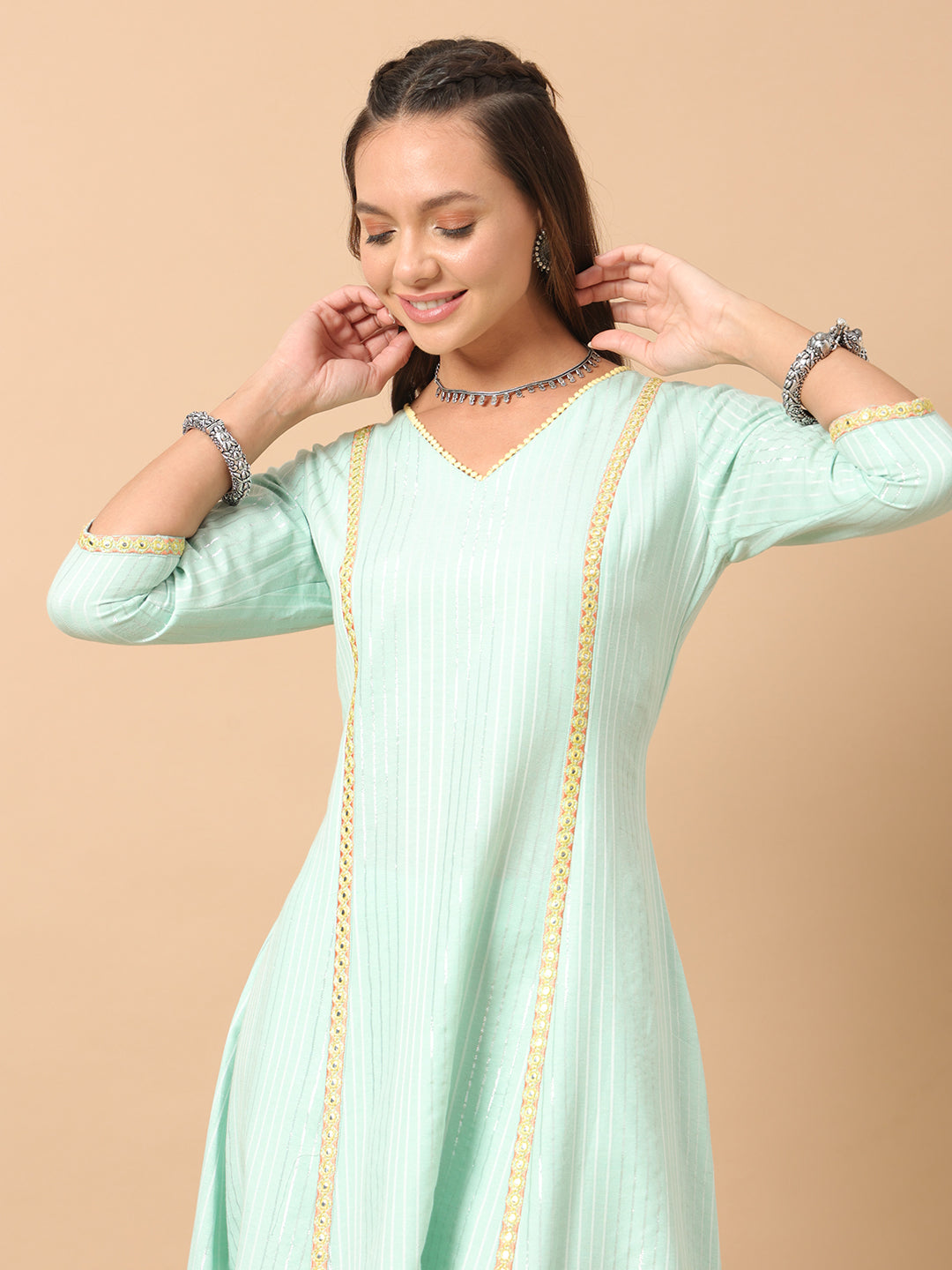 FIORRA Women's Sea Green Lurex Cotton A-Line Kurta and Pant With Dupatta