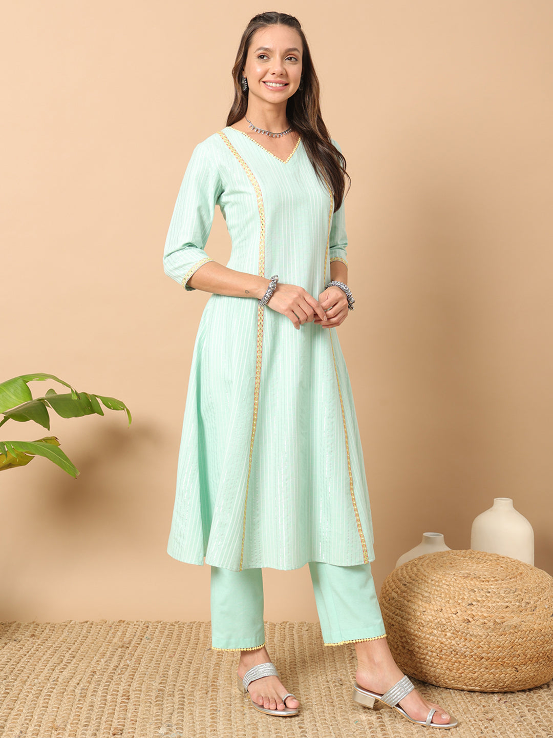 FIORRA Women's Sea Green Lurex Cotton A-Line Kurta and Pant With Dupatta