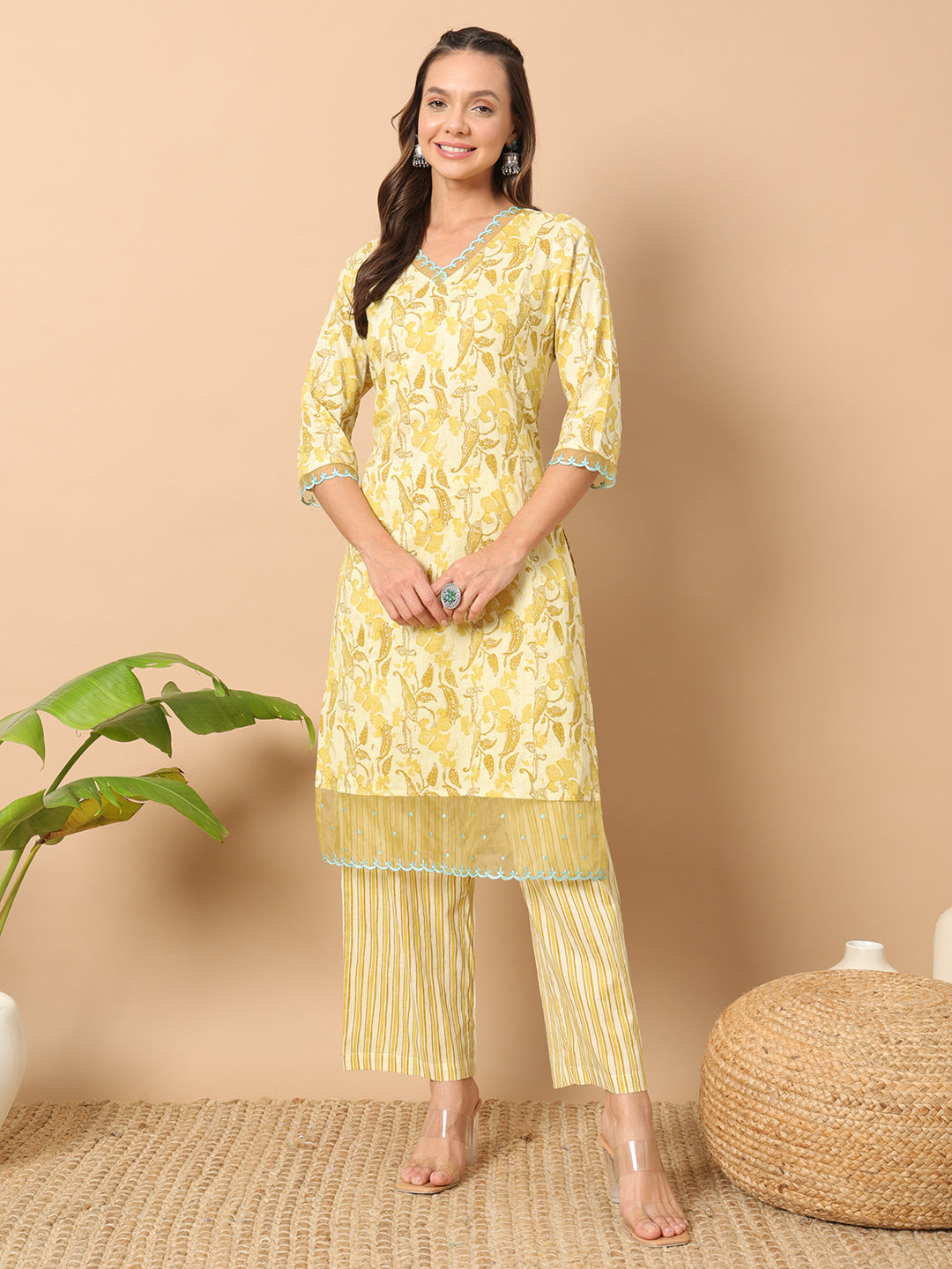 FIORRA Women's Yellow Cotton Straight Kurta and Pant