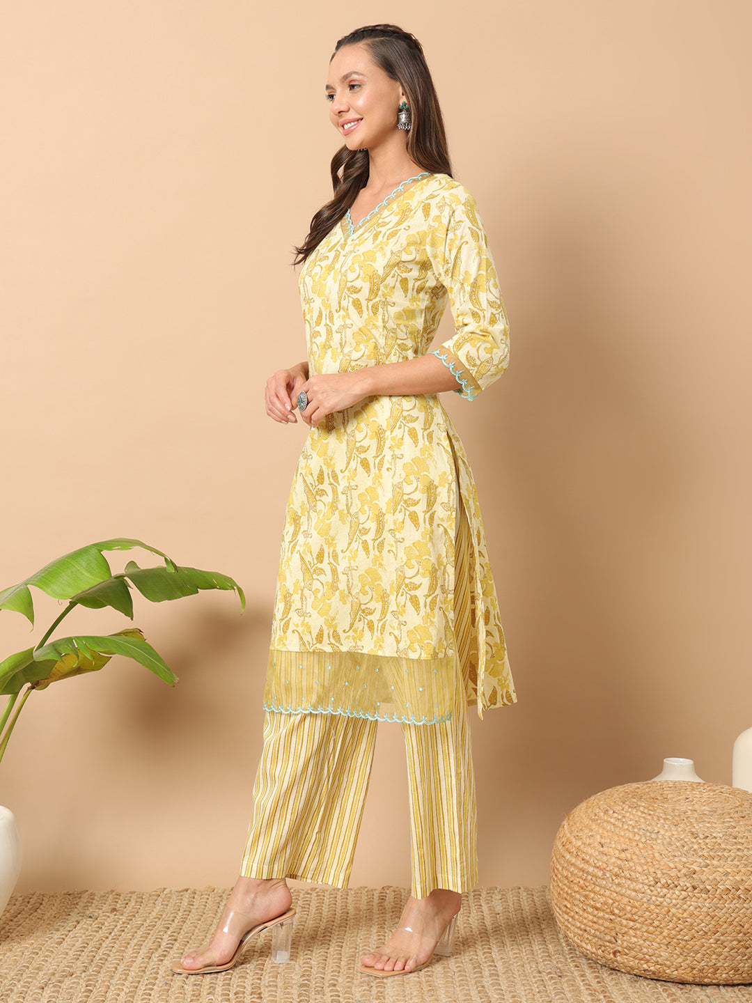 FIORRA Women's Yellow Cotton Straight Kurta and Pant