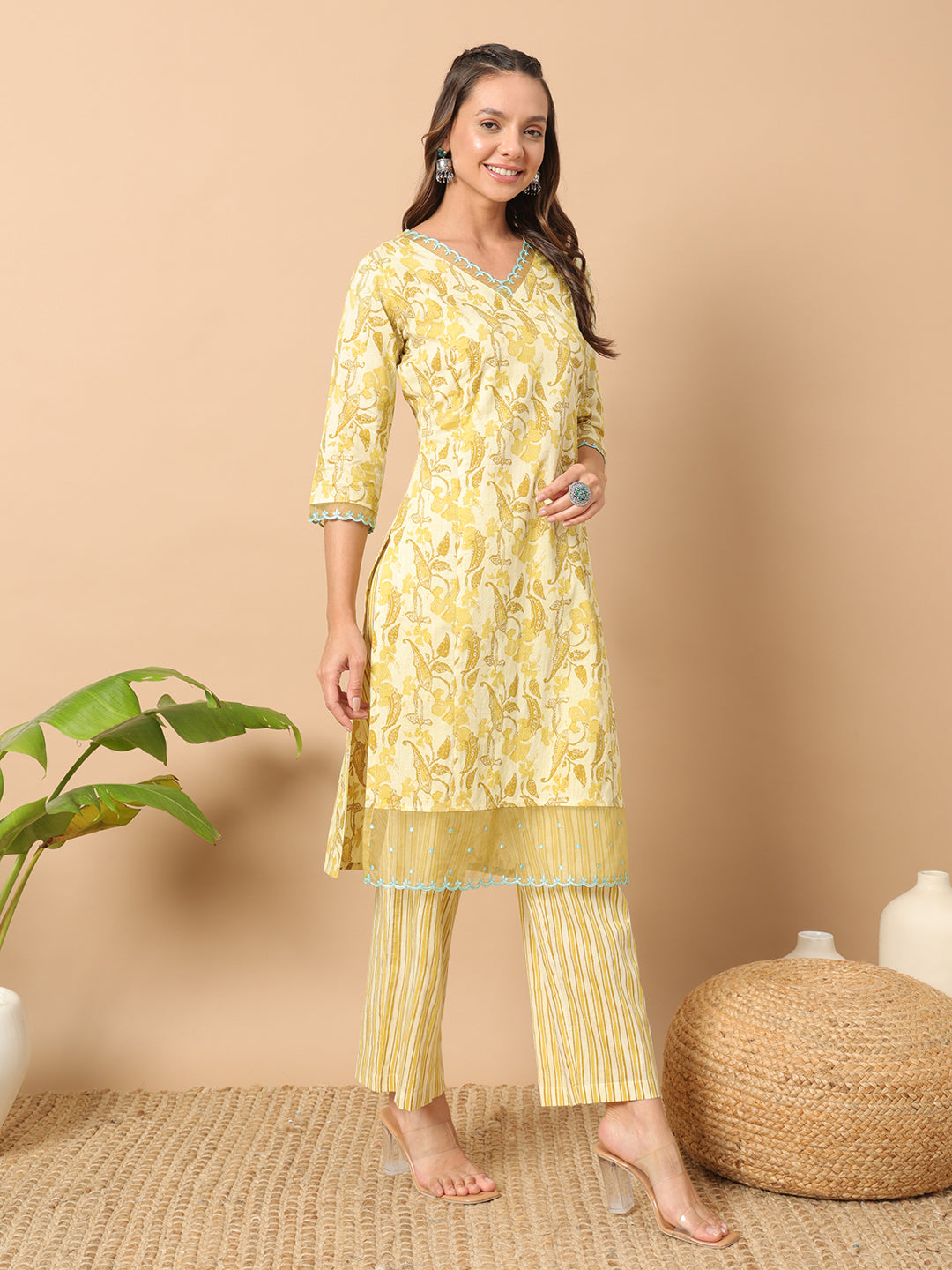 FIORRA Women's Yellow Cotton Straight Kurta and Pant