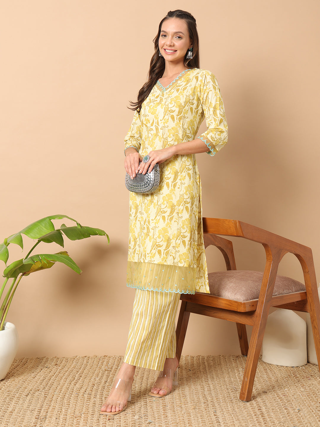 FIORRA Women's Yellow Cotton Straight Kurta and Pant