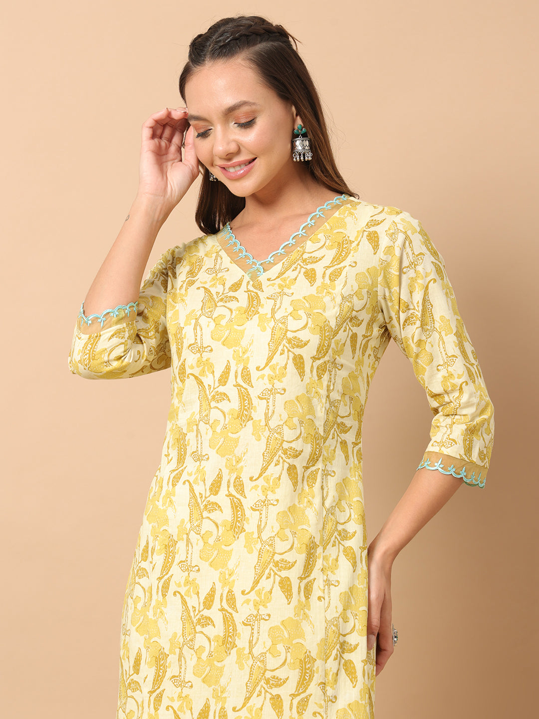 FIORRA Women's Pure Cotton Straight Kurta With Pant Set – Blue Printed, 3/4 Sleeve, V-Neck, Calf Length
