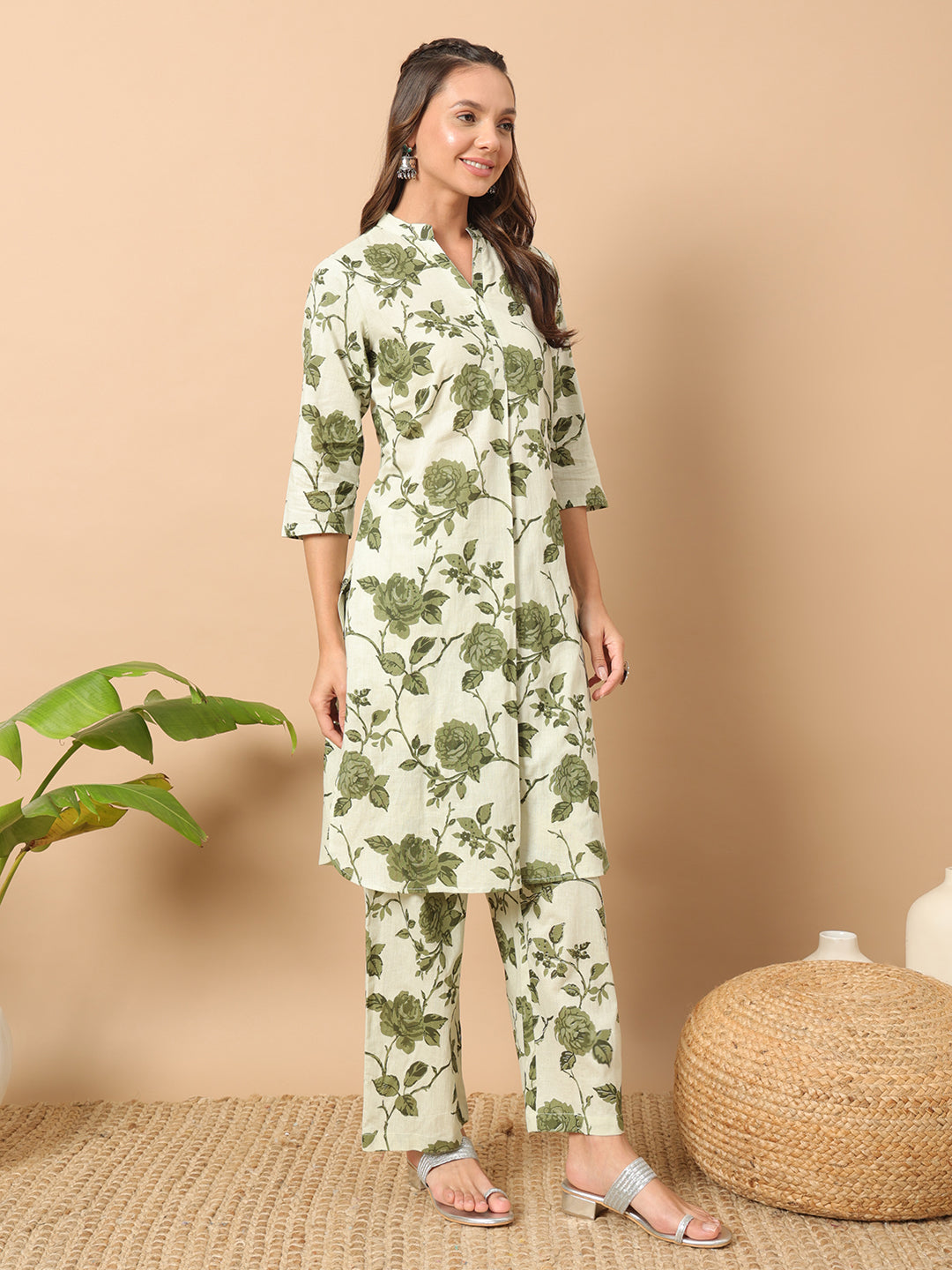 FIORRA Women's Sage Green Cotton Straight Kurta and Pant