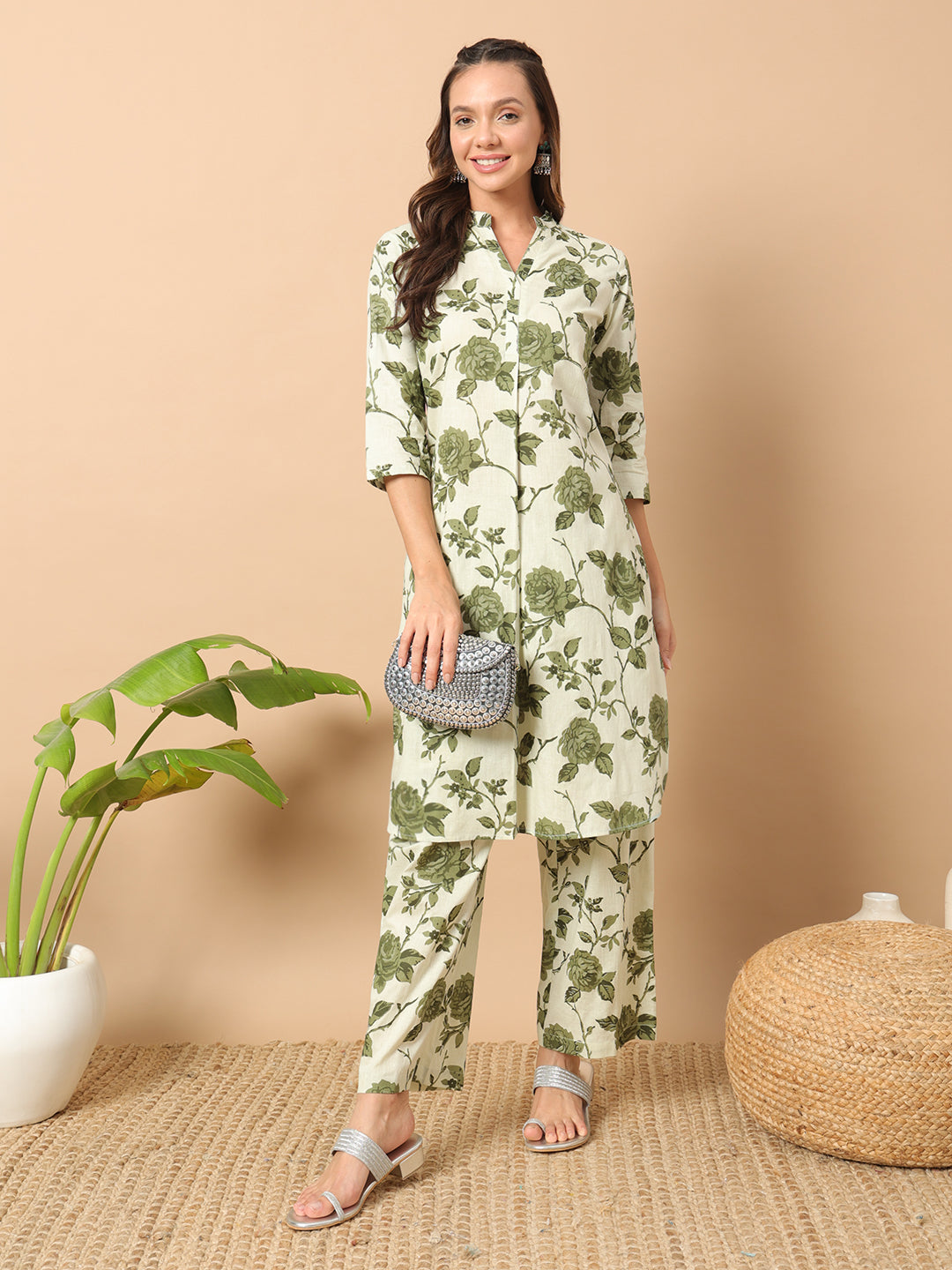 FIORRA Women's Sage Green Cotton Straight Kurta and Pant