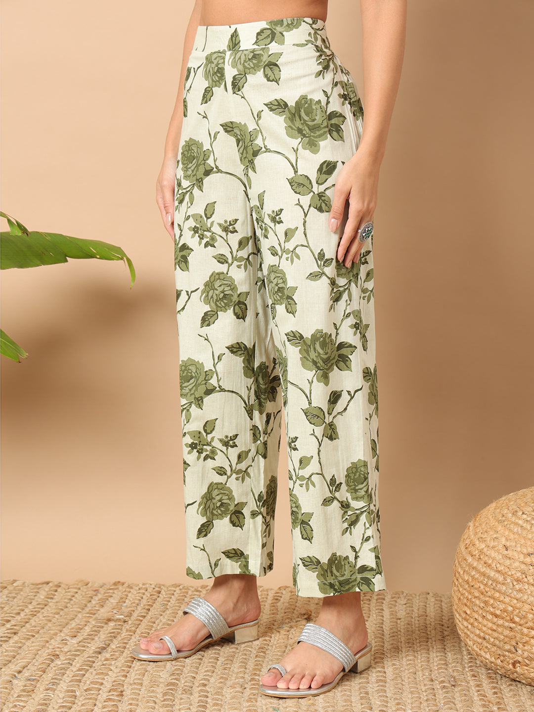 FIORRA Women's Sage Green Cotton Straight Kurta and Pant