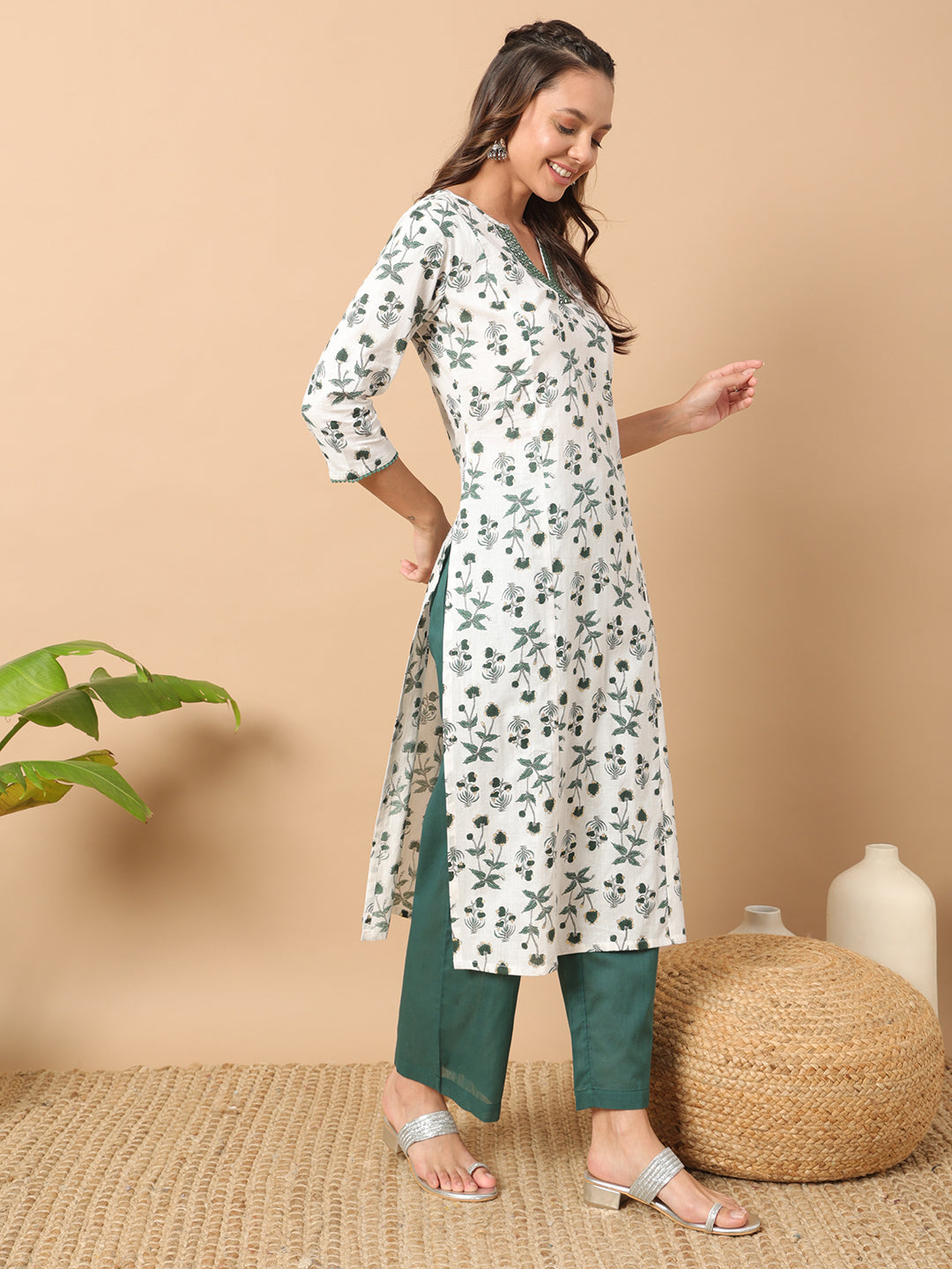 FIORRA Women's White Cotton Straight Kurta Set