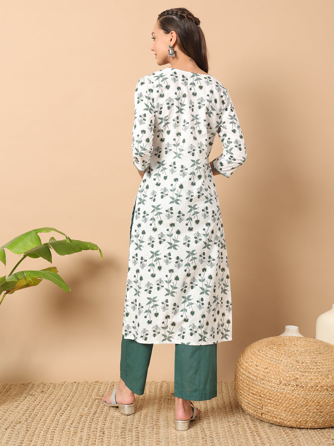 FIORRA Women's White Cotton Straight Kurta Set