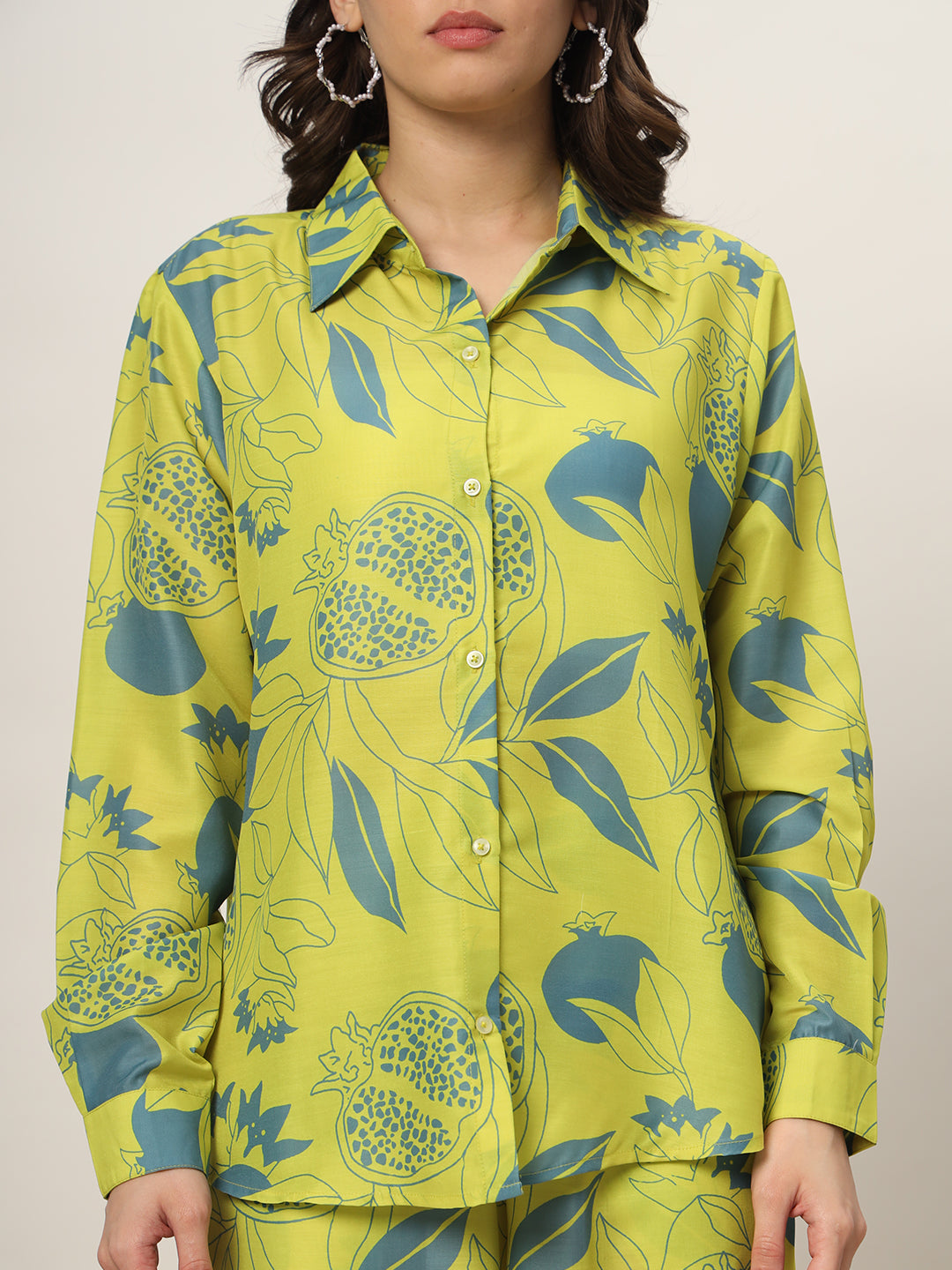 FIORRA Women's Lime Green Cotton Blend Printed Shirt With Palazzo Co-ords Set