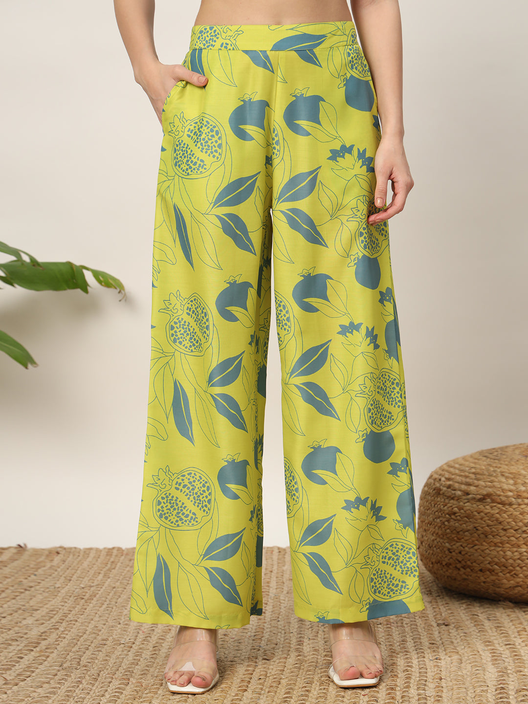 FIORRA Women's Lime Green Cotton Blend Printed Shirt With Palazzo Co-ords Set