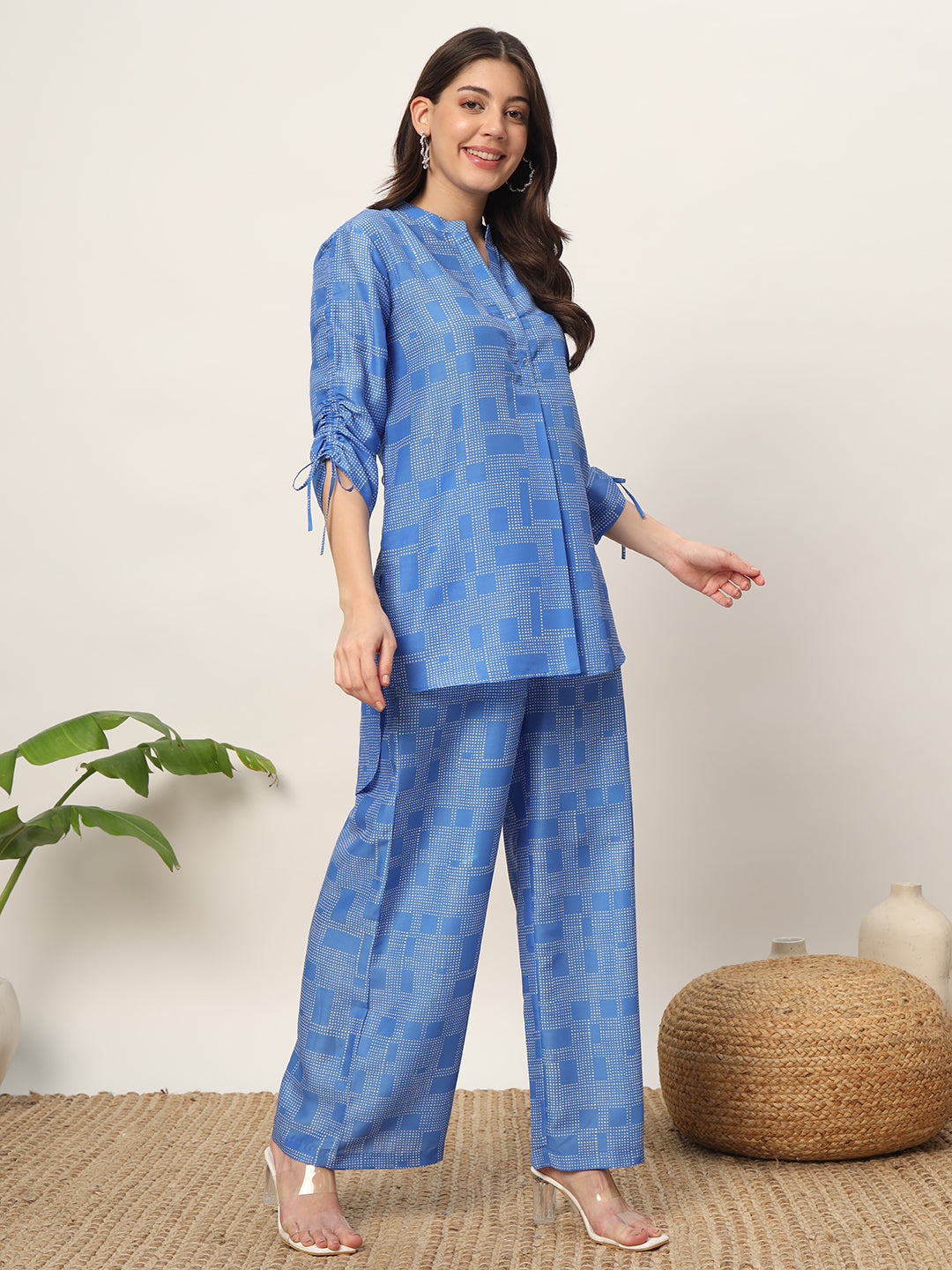 FIORRA Women's Blue Cotton Blend Printed Shirt With Palazzo Co-ords Set