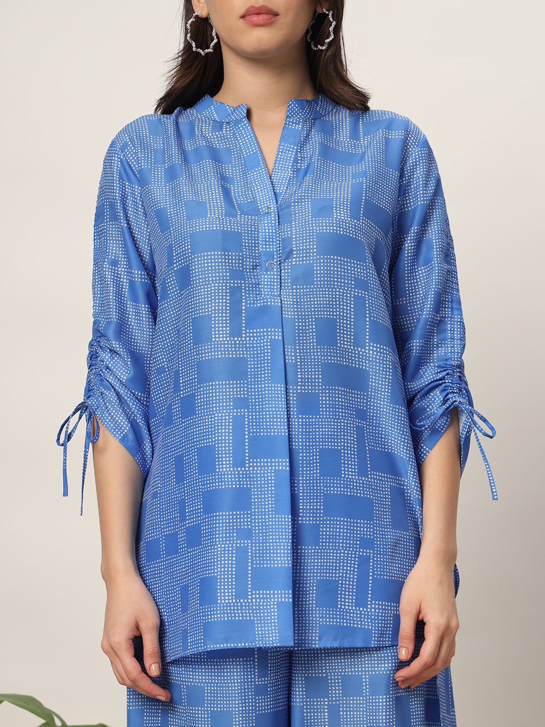 FIORRA Women's Blue Cotton Blend Printed Shirt With Palazzo Co-ords Set