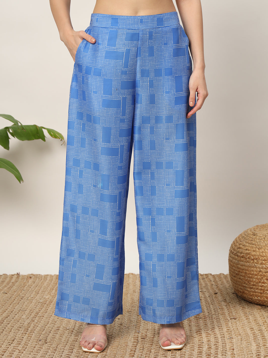 FIORRA Women's Blue Cotton Blend Printed Shirt With Palazzo Co-ords Set