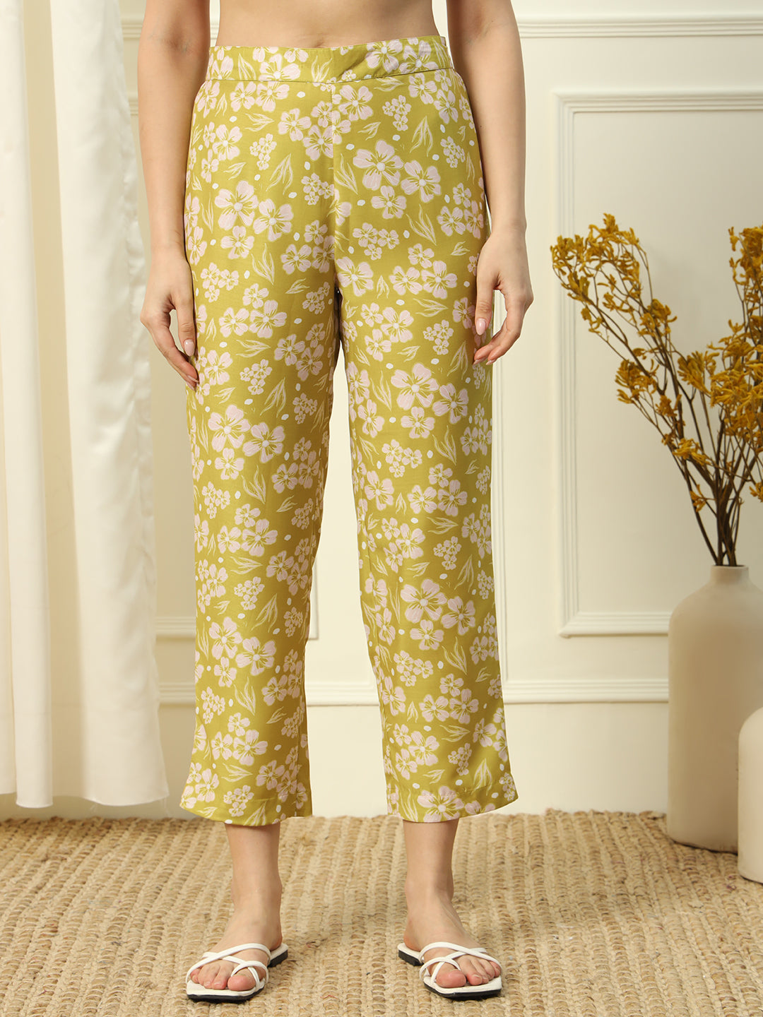 FIORRA Women's Light Yellow Cotton Blend A-Line Kurta and Pant