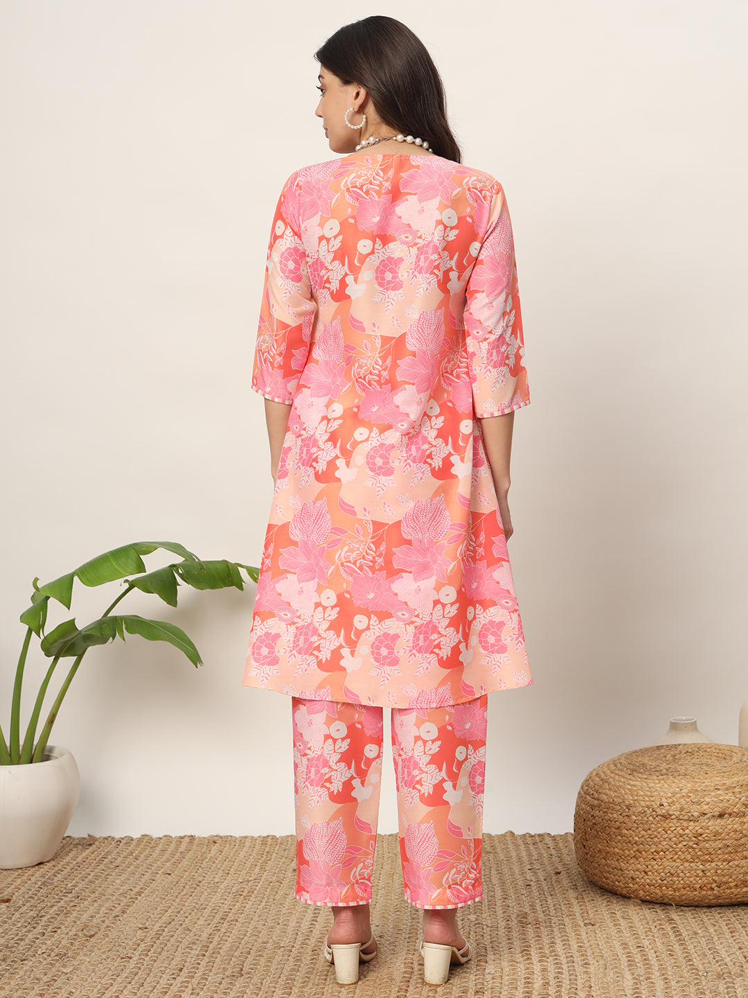 FIORRA Women's Pink Cotton Blend A-Line Kurta and Pant