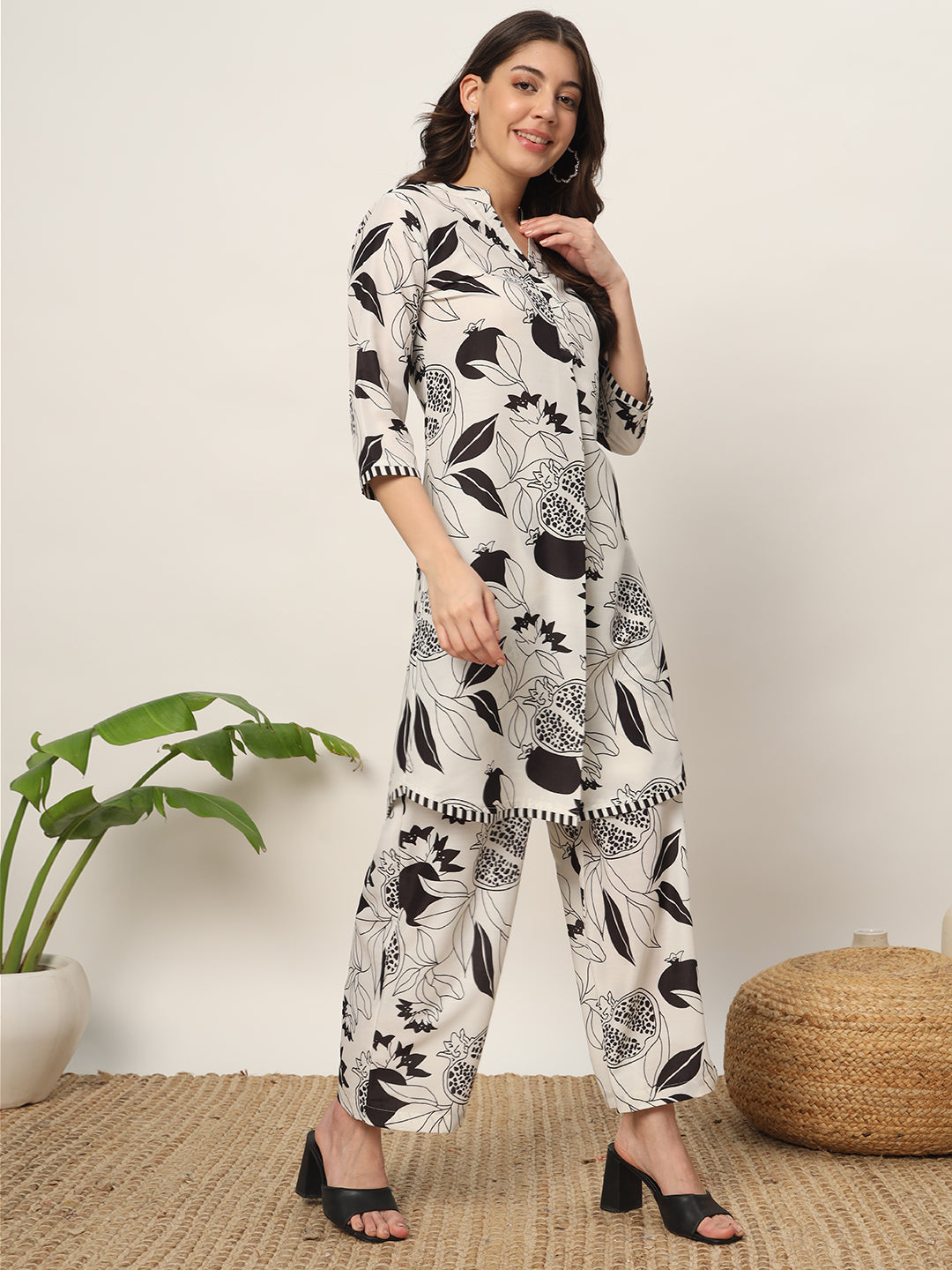 FIORRA Women's Off White Cotton Blend Printed Tunic With Palazzo Kurta set