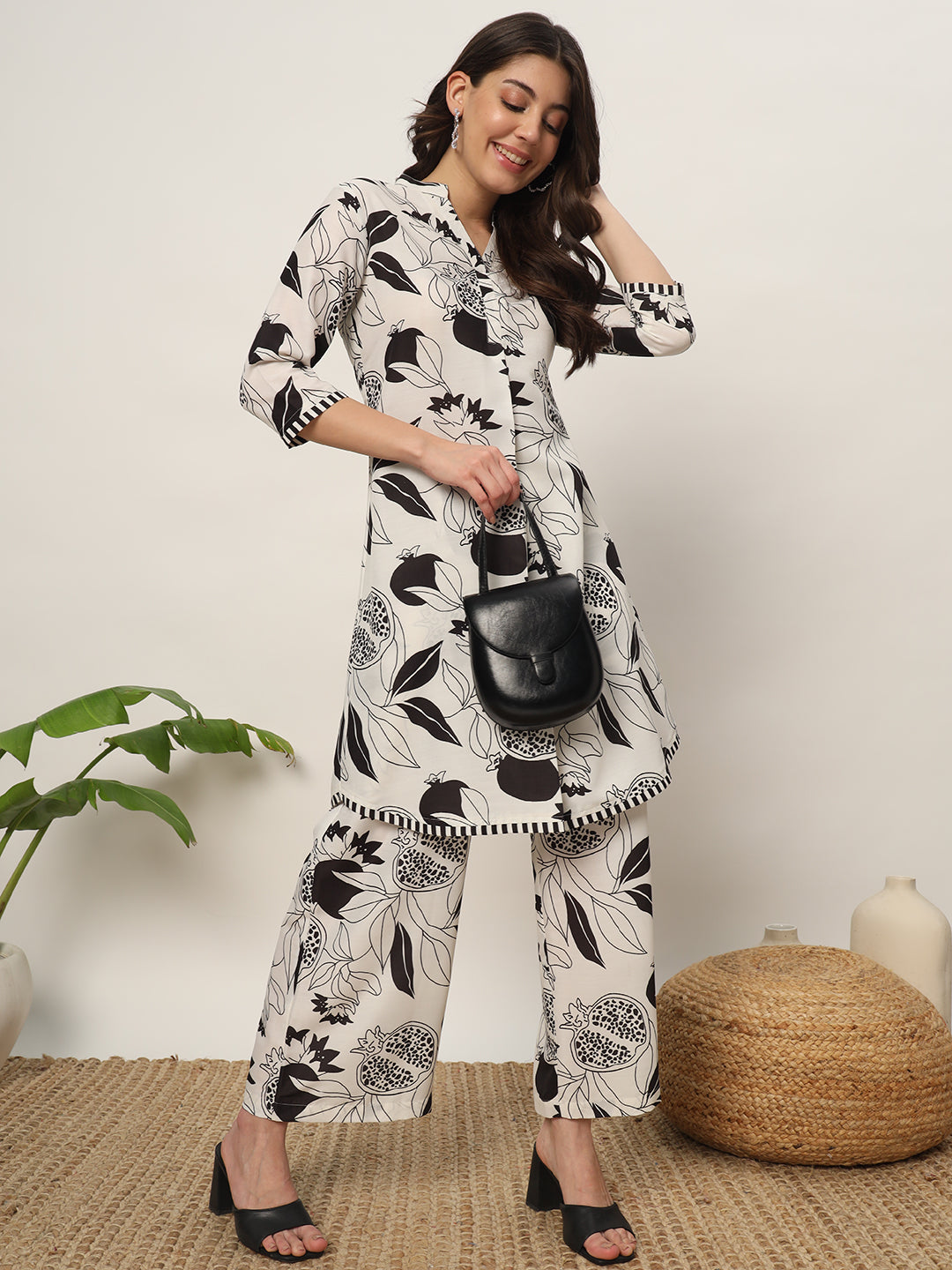 FIORRA Women's Off White Cotton Blend Printed Tunic With Palazzo Kurta set