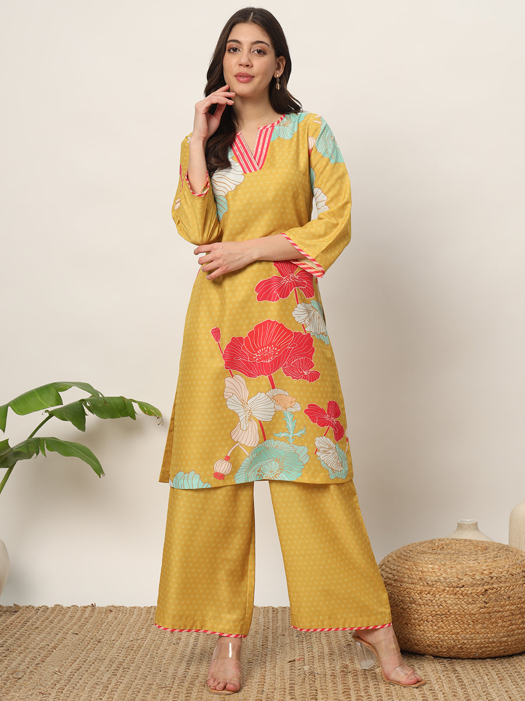 FIORRA Women's Yellow Cotton Blend Kurta and Palazzo Set