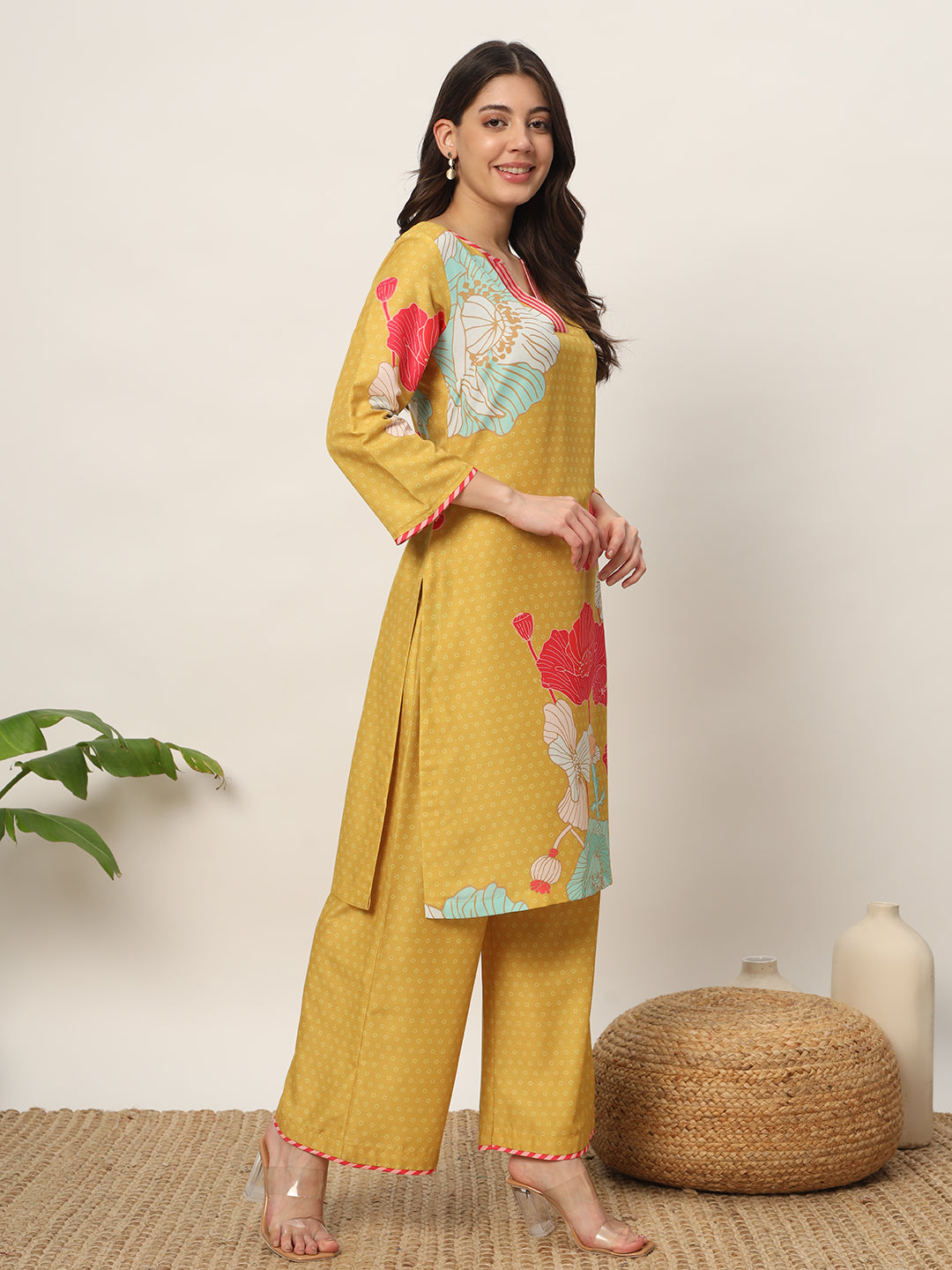 FIORRA Women's Yellow Cotton Blend Kurta and Palazzo Set