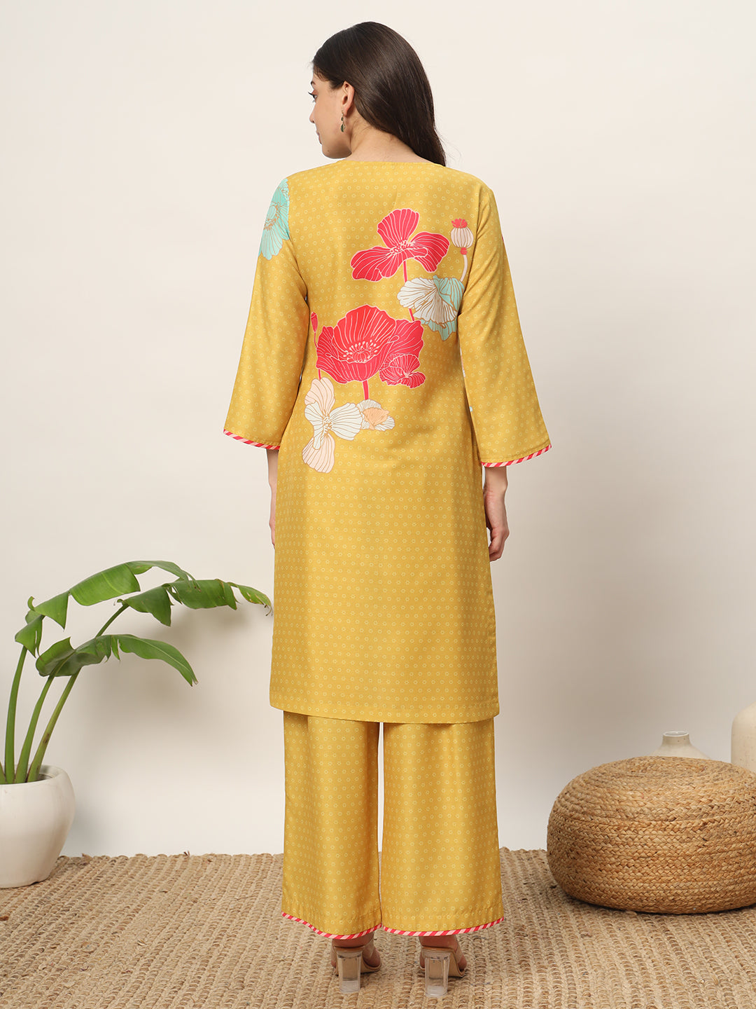 FIORRA Women's Yellow Cotton Blend Kurta and Palazzo Set