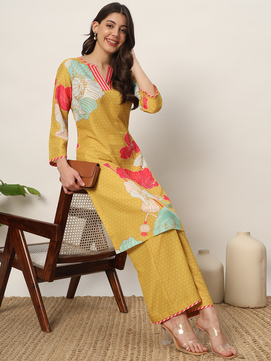 FIORRA Women's Yellow Cotton Blend Kurta and Palazzo Set