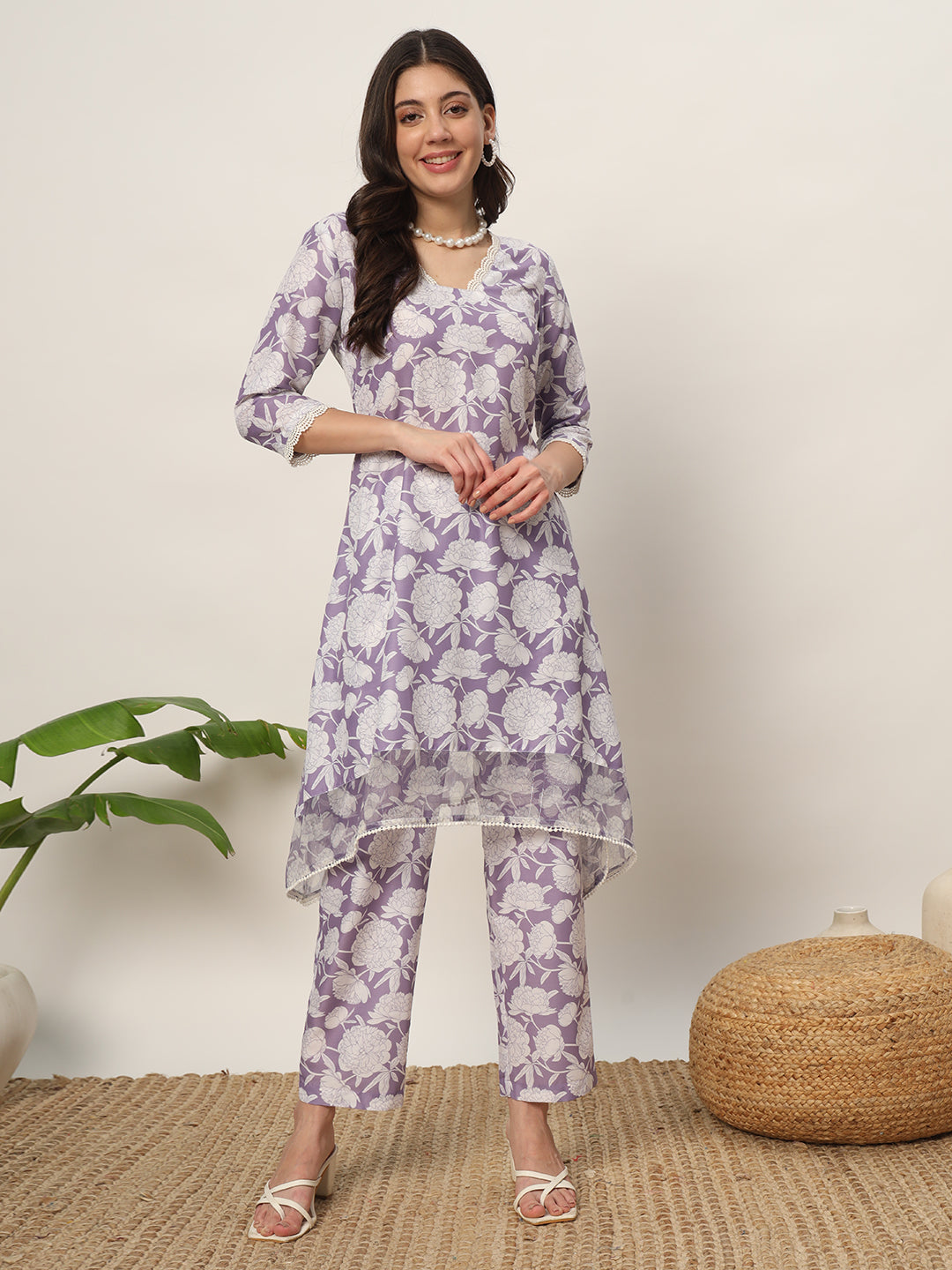 FIORRA Women's Lavender Cotton Blend Printed Tunic With Trouser Kurta set