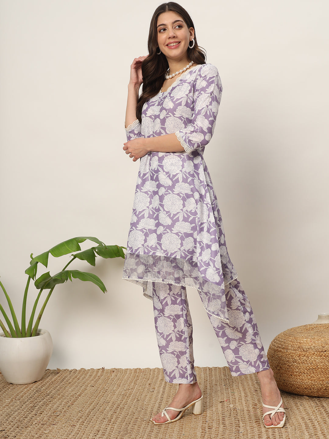 FIORRA Women's Lavender Cotton Blend Printed Tunic With Trouser Kurta set