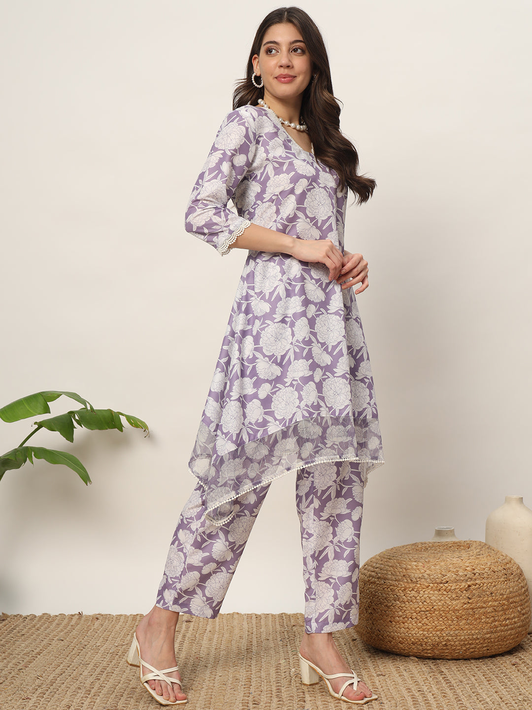 FIORRA Women's Lavender Cotton Blend Printed Tunic With Trouser Kurta set