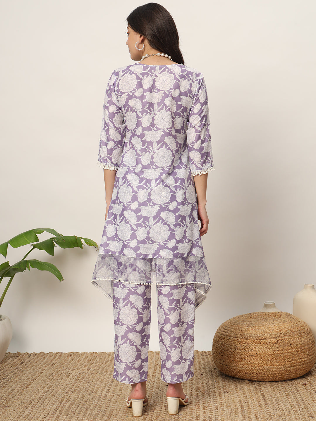 FIORRA Women's Lavender Cotton Blend Printed Tunic With Trouser Kurta set