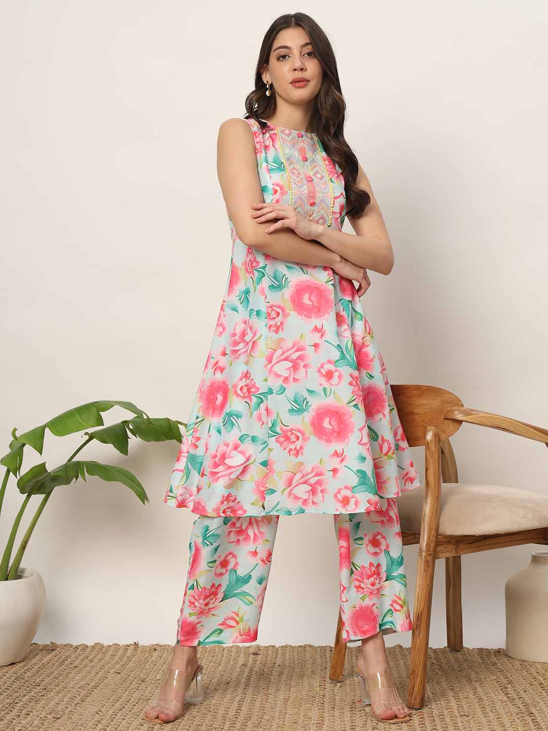 FIORRA Women's Pink Cotton Blend A-Line Kurta Set