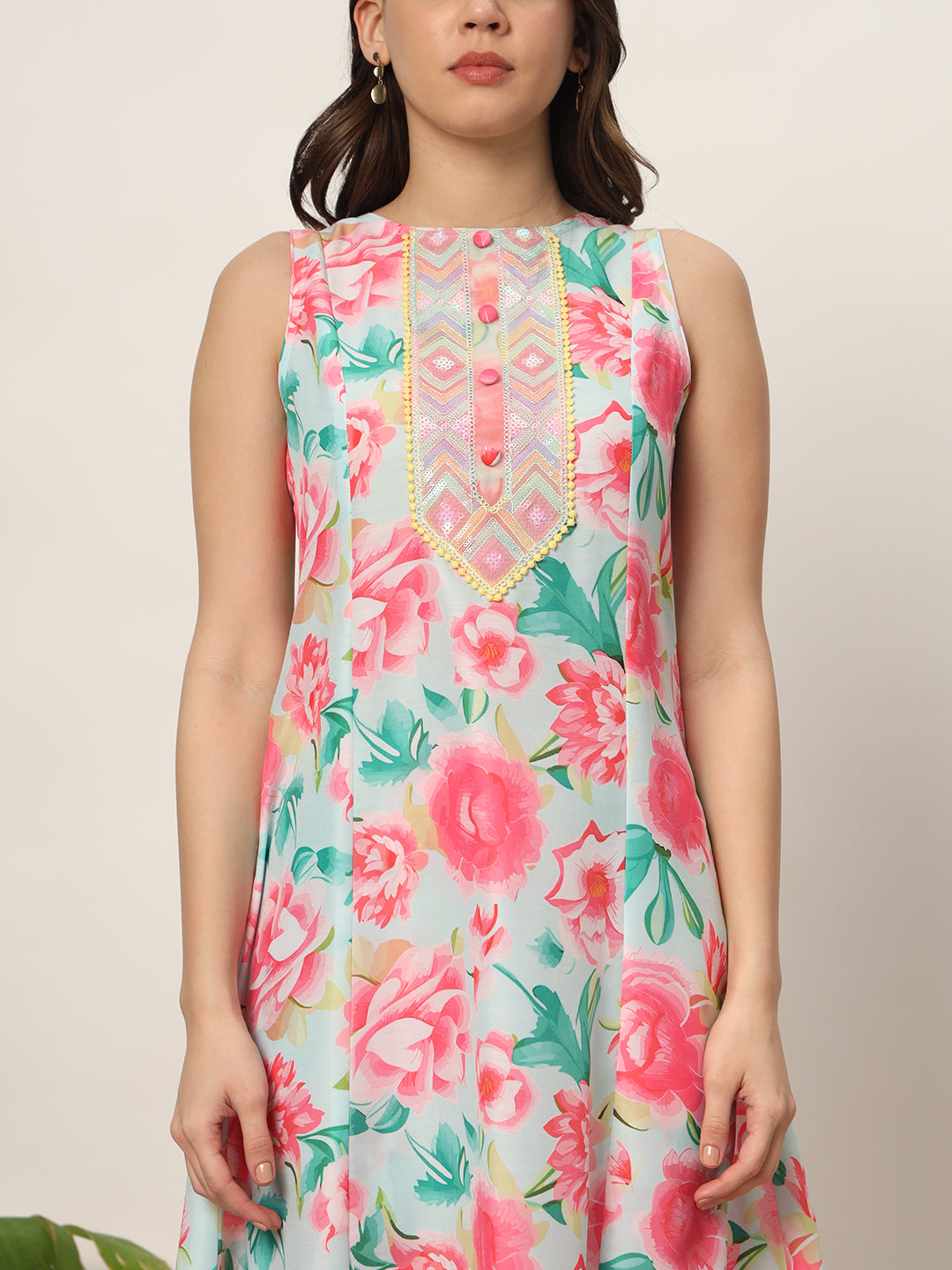 FIORRA Women's Pink Cotton Blend A-Line Kurta Set